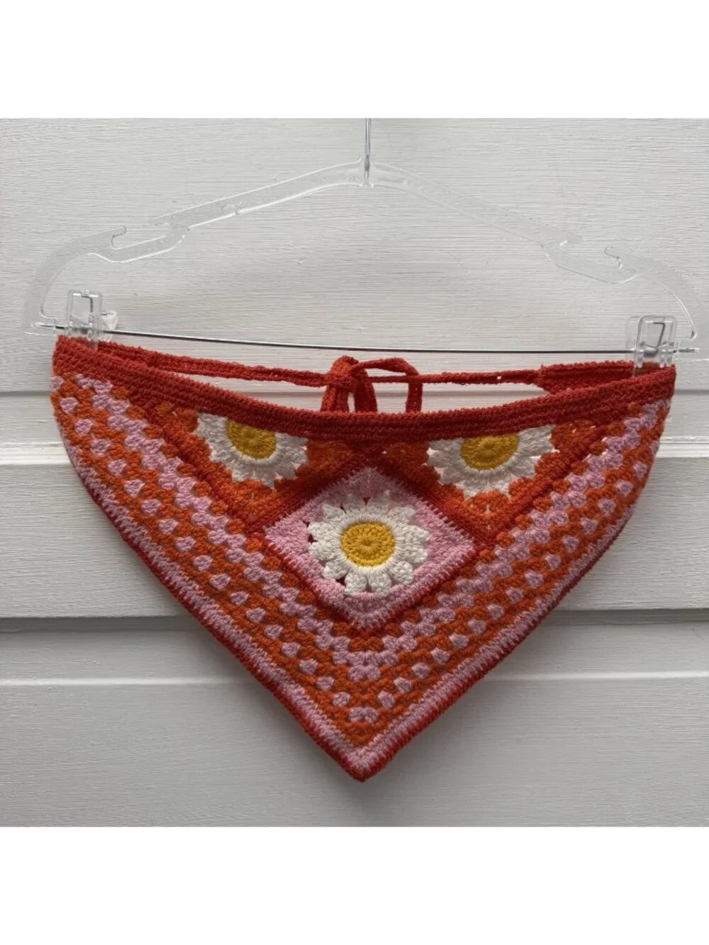 Handmade Crochet Daisy Head Scarf Bandana Pink Orange Floral Tie Boho Festival